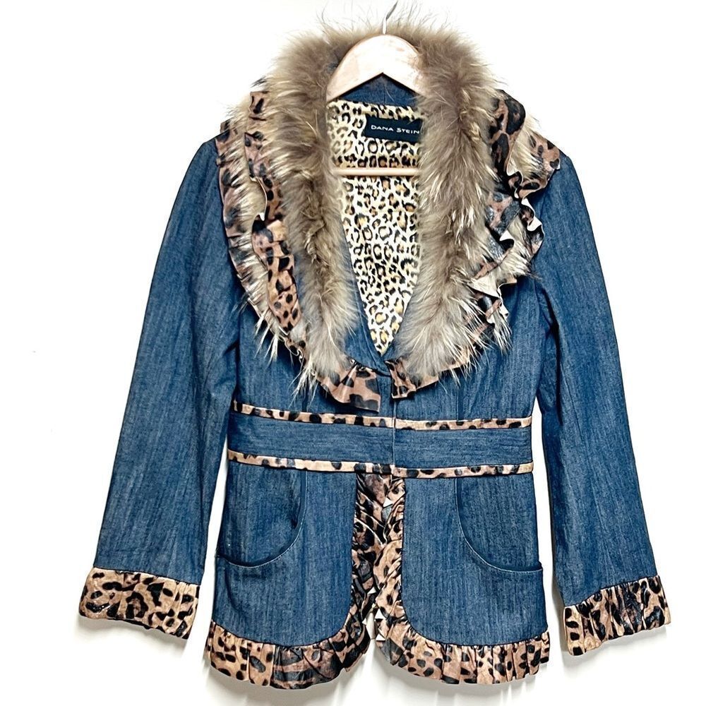 Dana Stein Luxurious Denim Fox Fur with leather animal print trim Womens Size S